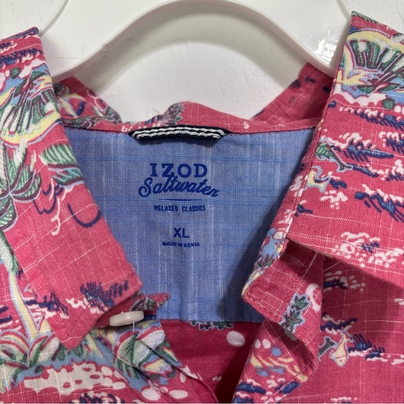 IZOD Saltwater Men's XL NWT Button Front Casual Short Sleeve Shirt Tropical Pink - Picture 3 of 9